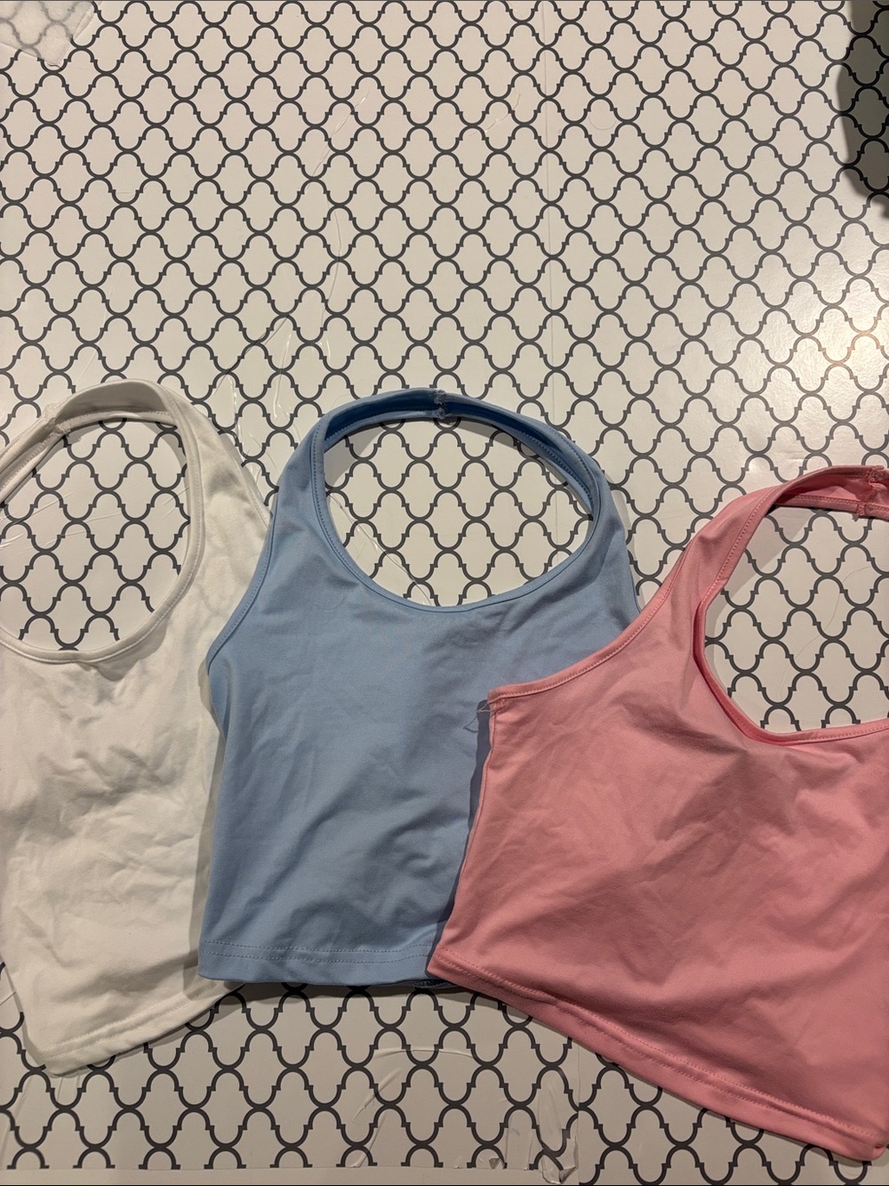 SHEIN Halter Crop Tank Trio - White, Light Blue & Pink